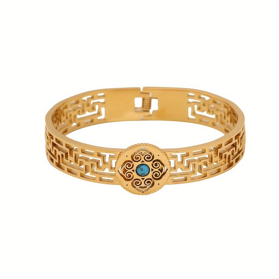 Women's Vintage Style 18K Gold Plated Stainless Steel Bracelet with Turquoise Inlay and Hollow Pattern