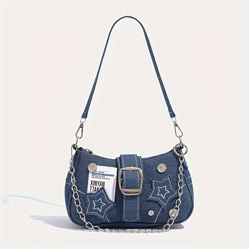 Girls Denim Shoulder Bag PU Solid Color Zipper Autumn Winter Retro Style