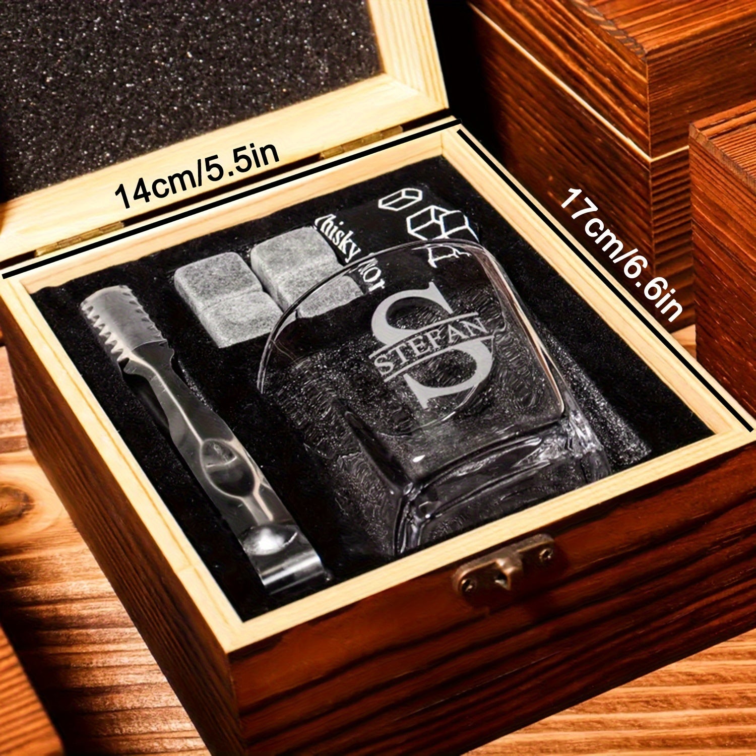 Set of 4 Personalized Whiskey Glasses with Wooden Box Gift Set for Groomsmen Fathers and Bachelors