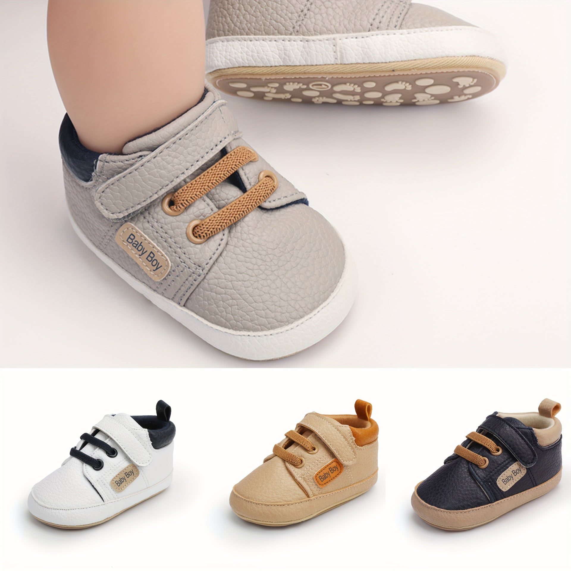 Infant Baby Sneakers Non-Slip Rubber Sole Light Gray PU Upper Blue Accents First Walker Shoes