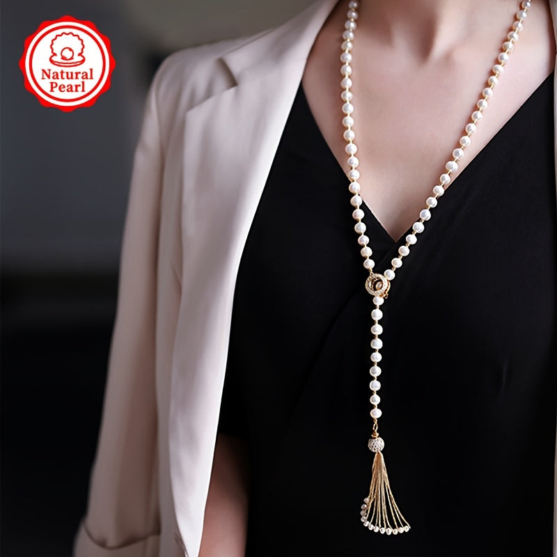 Women's Pearl Necklace 85cm Natural Freshwater Sweater Chain Gift Box Included