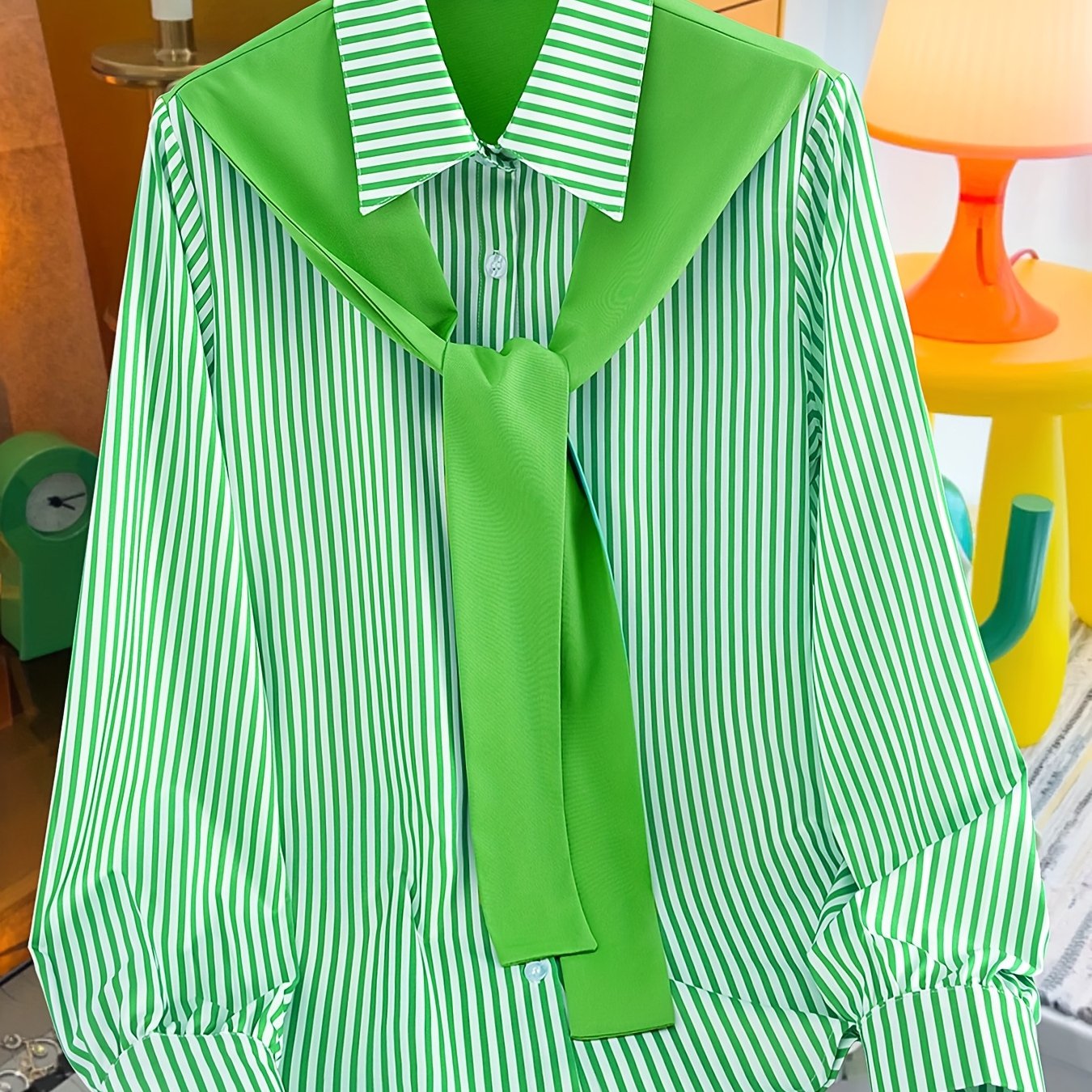 Women's Plus Size Striped Button-Up Shirt with Tie Neck Green White