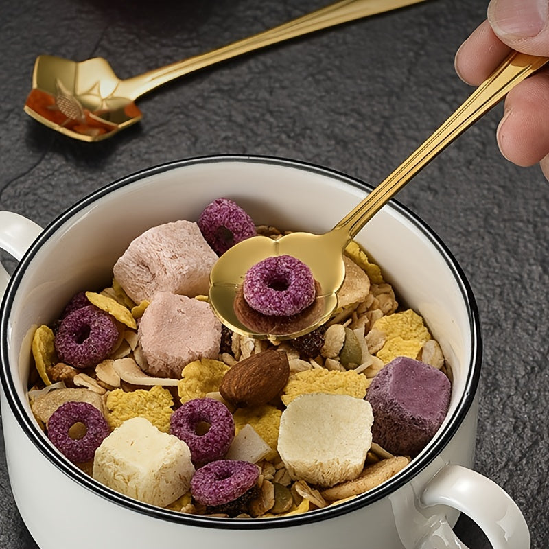 Golden Stainless Steel Coffee and Dessert Spoon Set with Floral and Geometric Designs for Tea and Cake