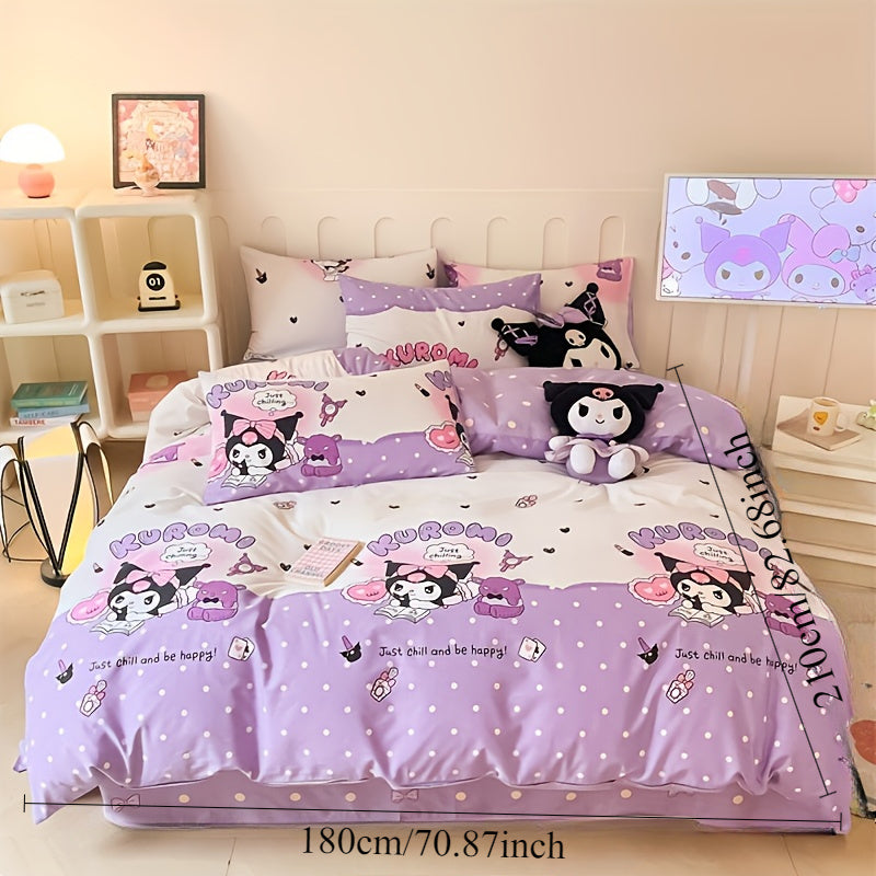 4-Piece Purple Cartoon Bedding Set with Quilt Cover Pillowcases and Sheet 200x230cm