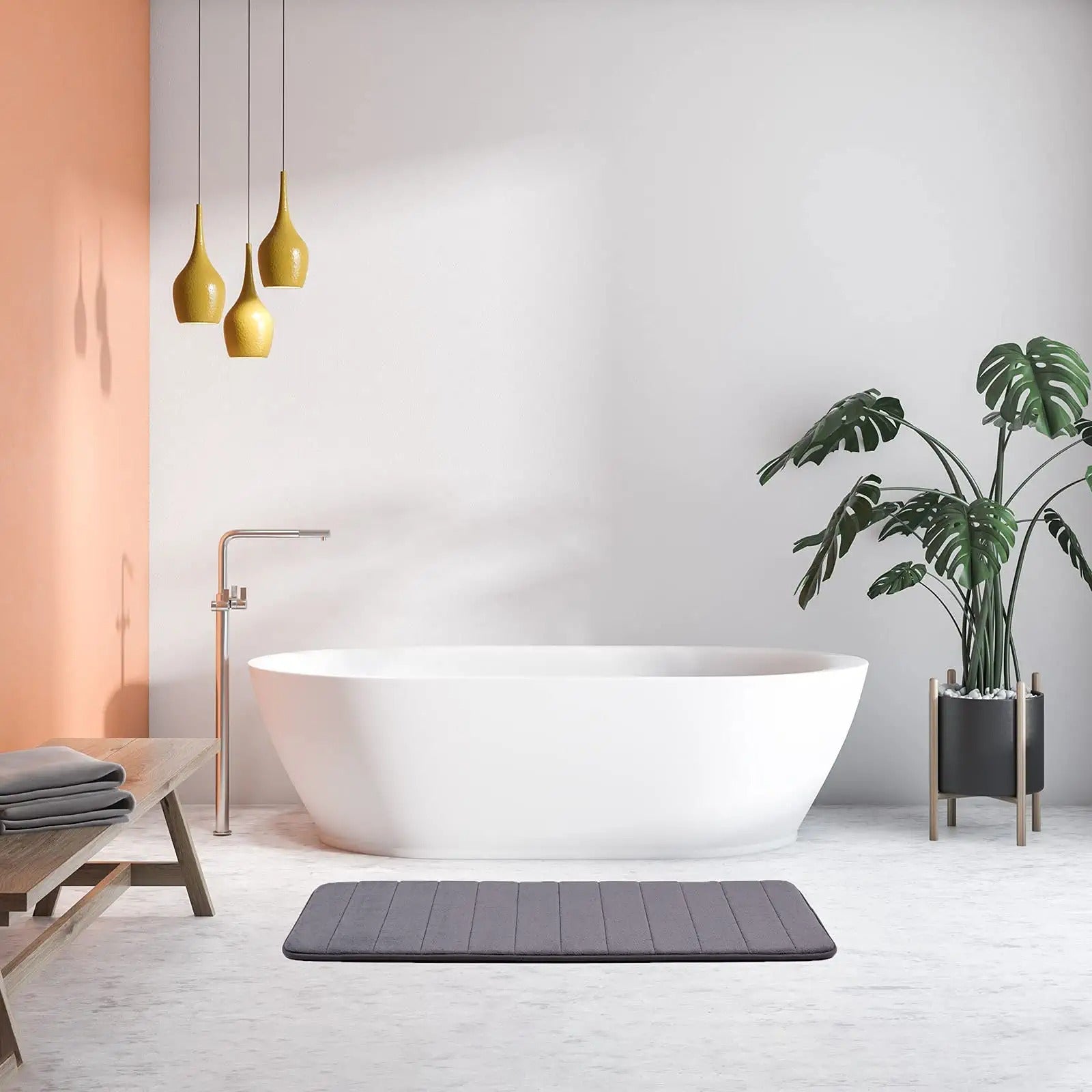 Dark Gray Polyester Bath Mat Non-Slip Plush Rectangular Machine Washable