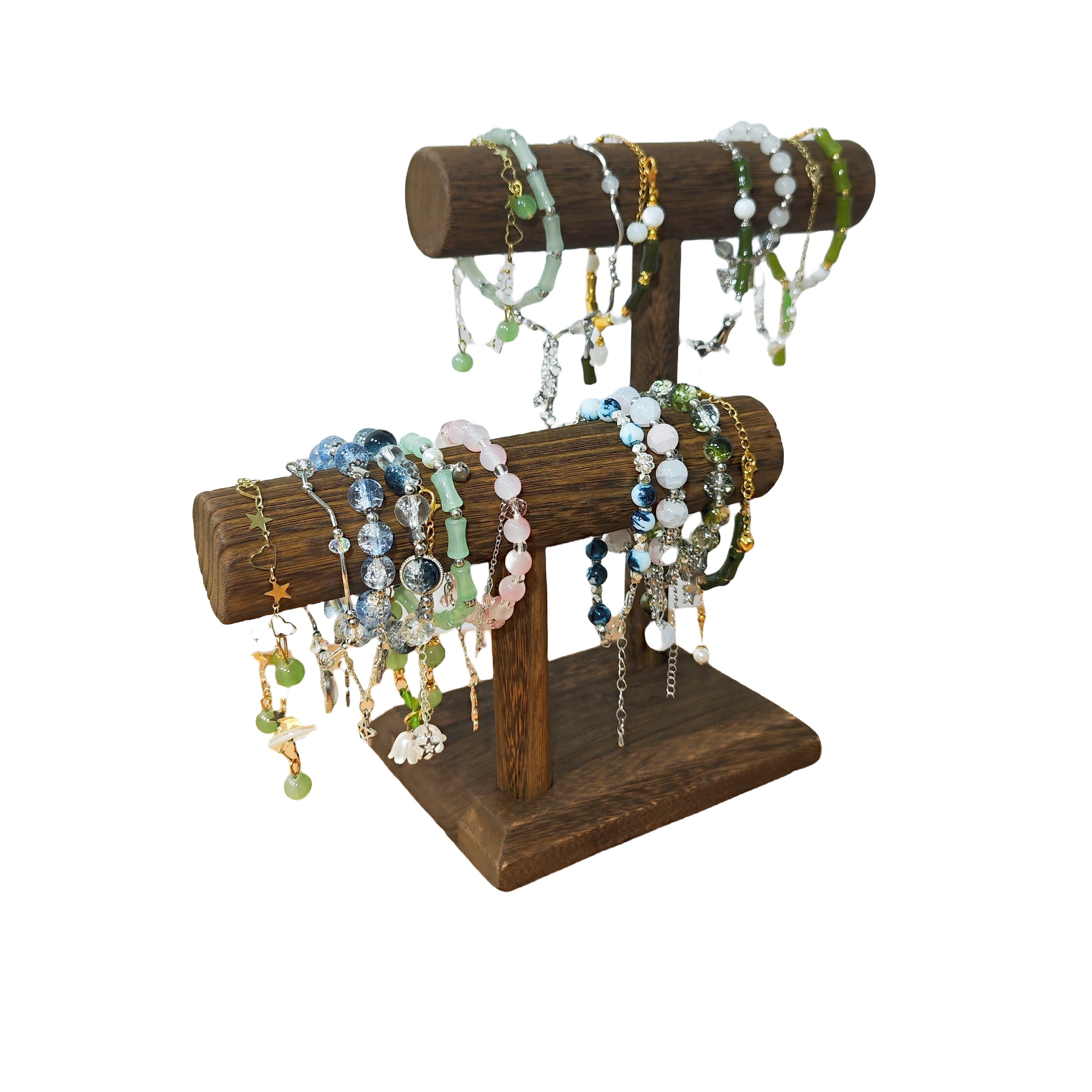 Yog'ochdan yasalgan ikki qavatli zargarlik buyumlarini namoyish qilish standi, bilakuzuklar va soatlar uchun, 1 dona