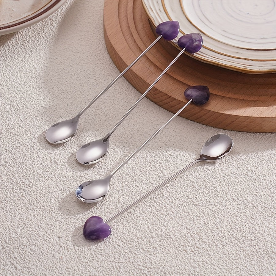 Stainless Steel Spoons with Heart-Shaped Gemstones for Coffee Tea Desserts