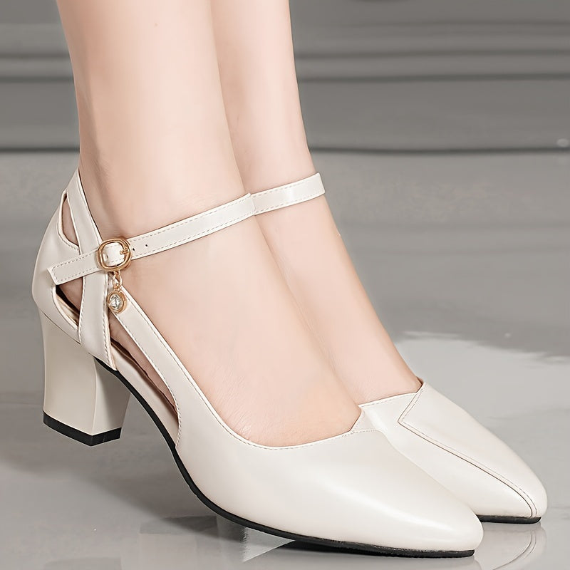 Women's Chunky Heels Pointed Toe Buckle Strap Dress Shoes for Summer