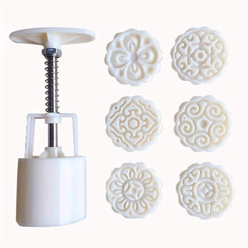 Moon Cake Maker Set with Flower-Shaped Mold and 6 Stamps for DIY Pastry Baking