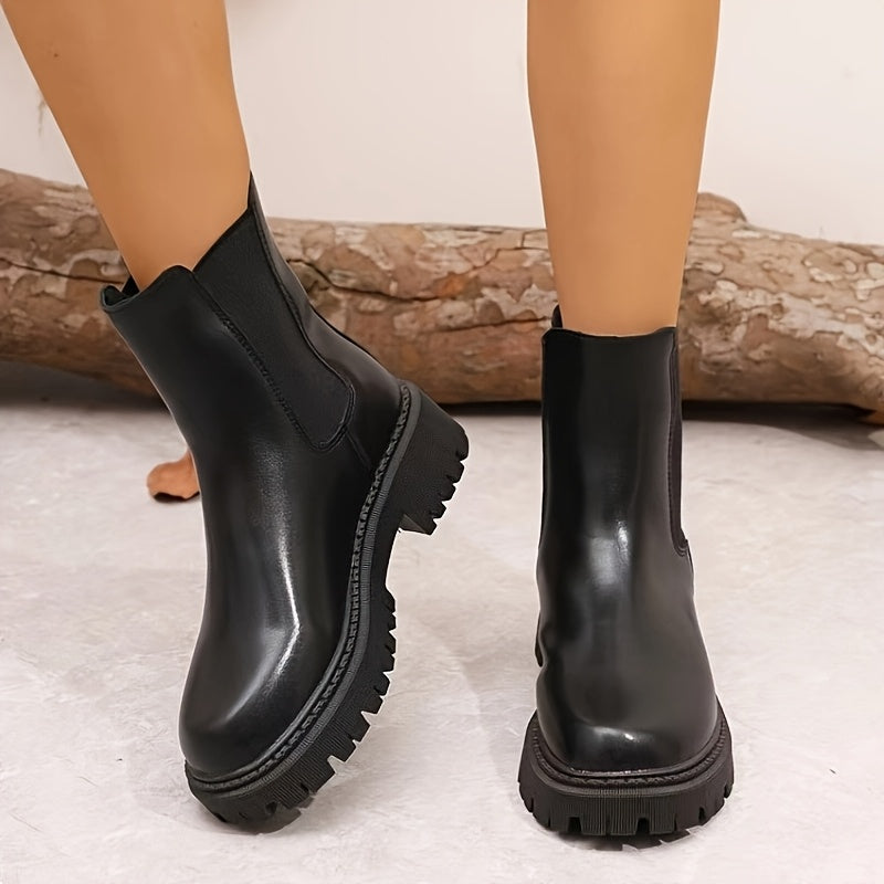 Women's Chunky Platform Ankle Boots Synthetic Slip-On Round Toe Durable Low Heel
