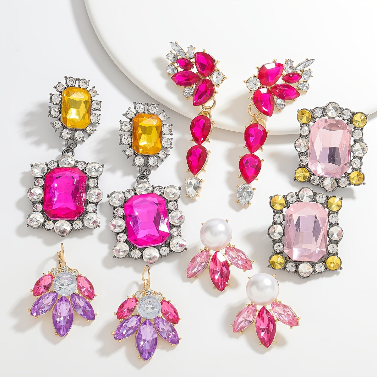 Pink Rhinestone Dangle Earrings Irregular Square Teardrop Alloy Stainless Steel Jewelry