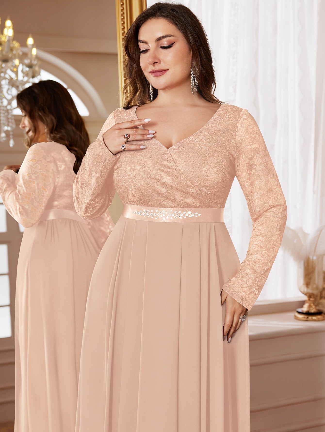 Plus Size Women’s Chiffon Long Dress V-Neck Flared Beaded Waist Party