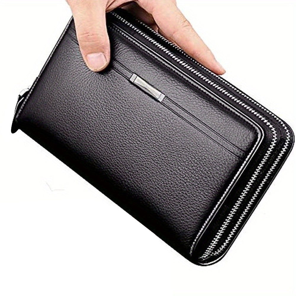 Men's Faux Leather Long Wallet with Zipper, Business Clutch Bag for Mobile Phone and Essentials