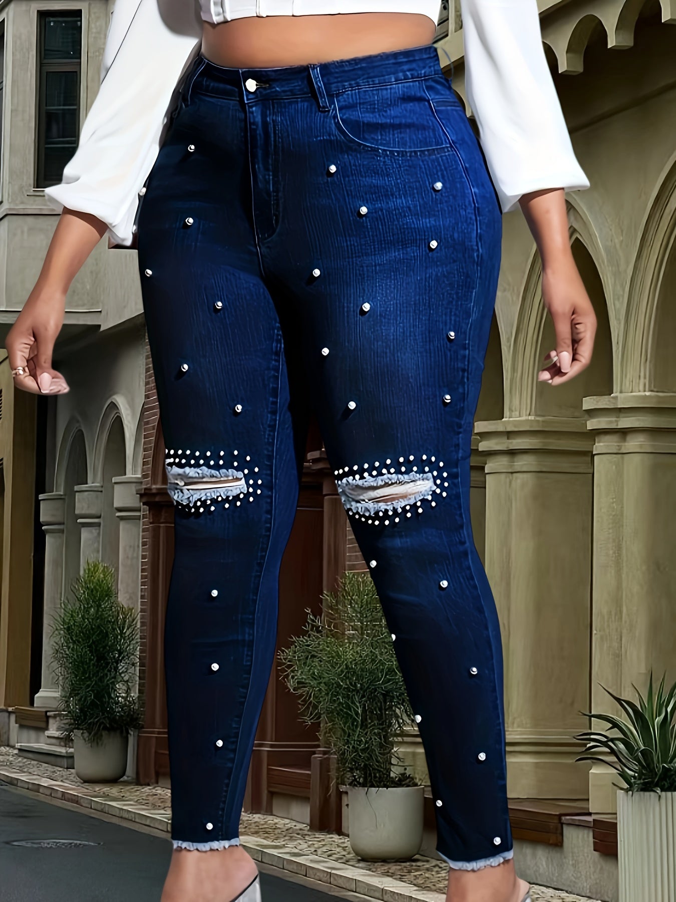 Plus Size Women's High-Stretch Skinny Jeans with Pearls Denim Pants for Casual and Formal Wear