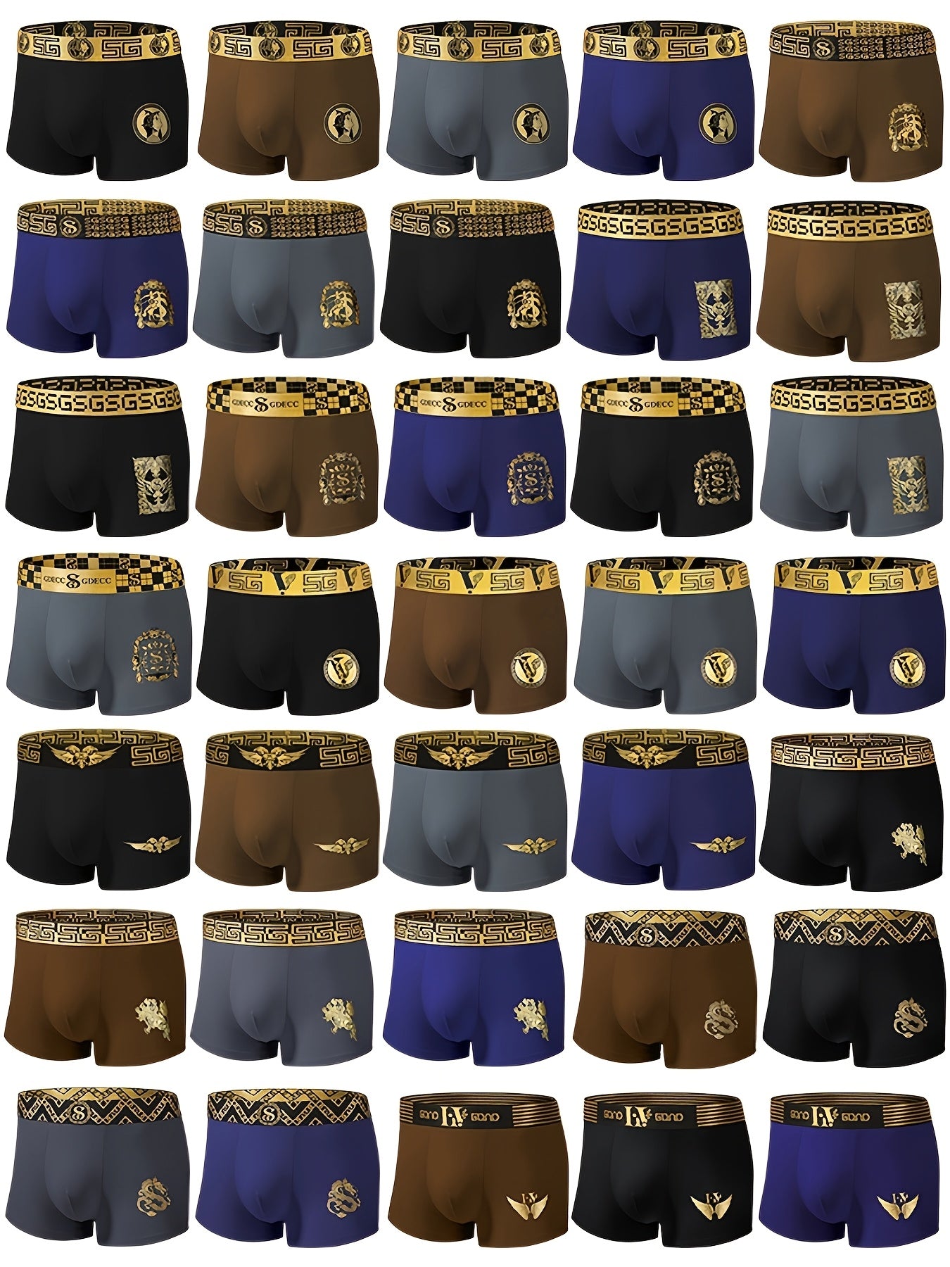 Men's Black and Gold Full-Print Boxer Shorts with Eagle Wings Crowns Chains Coins Moisture-Wicking Quick-Drying Set of 1 5 or 10