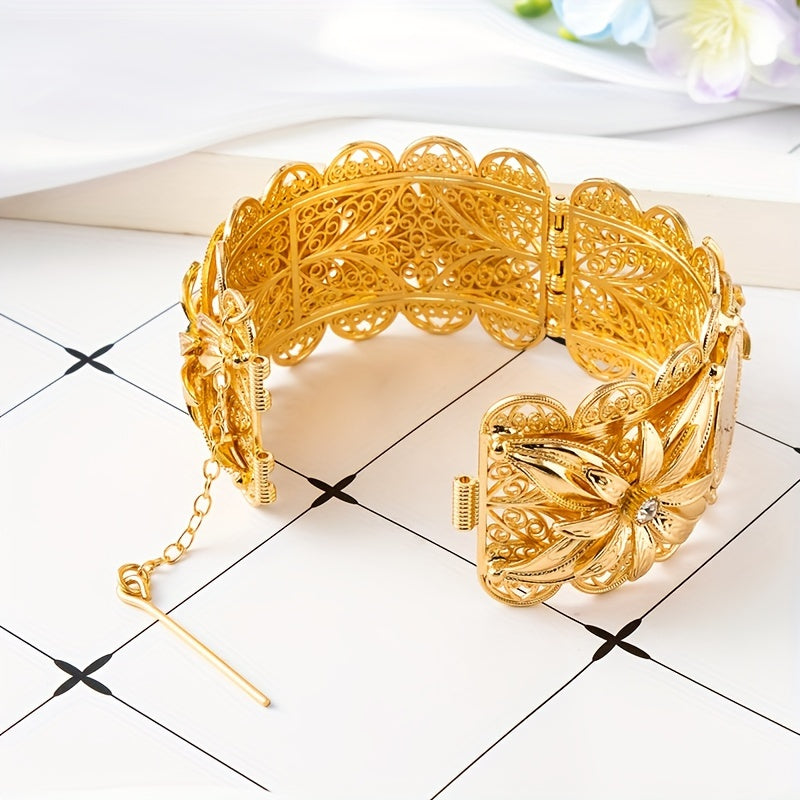 Gold-Plated Bridal Bangle with Floral and Coin Design for Women Wedding Party