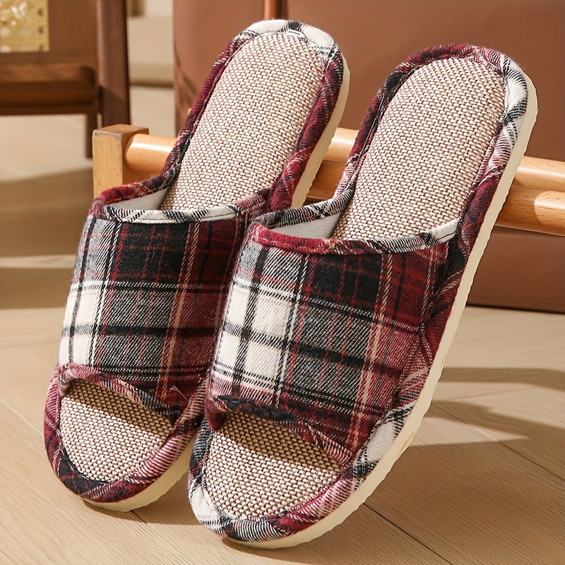 Linen Plaid Slip-On Slippers for Home and Travel Non-Slip Lightweight Casual