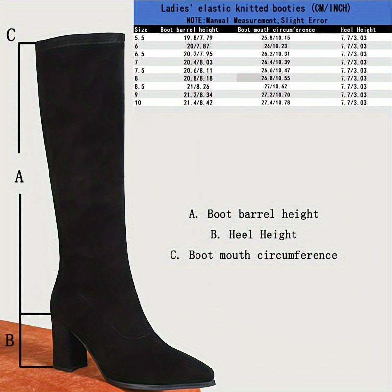 Women's Knee-High Boots Flannel Upper Pointed Toe Block Heel Fall Dress Shoes