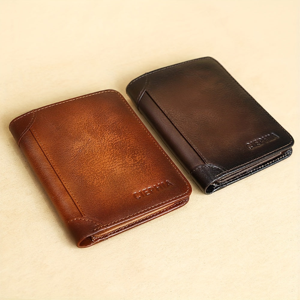 Vintage Genuine Leather Wallet for Men RFID Blocking Deep Brown Slim Bi-Fold