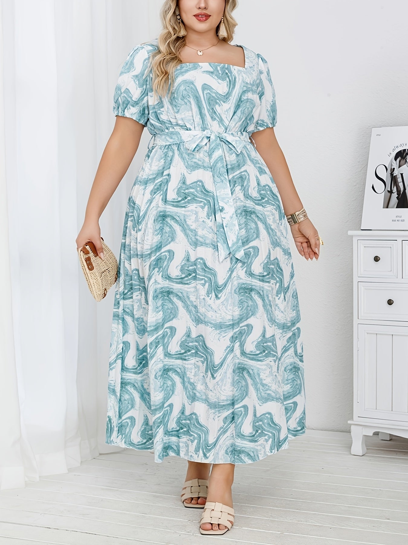 Plus Size Women’s Elegant Pleated Printed Dress for Middle Eastern Style