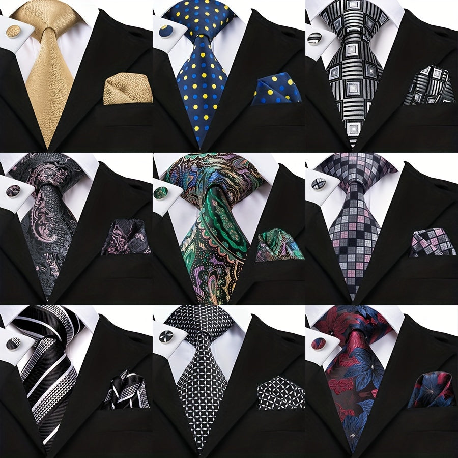 Men's Classic Necktie Set 160cm with Matching Hanky and Cufflinks for Business and Formal Events