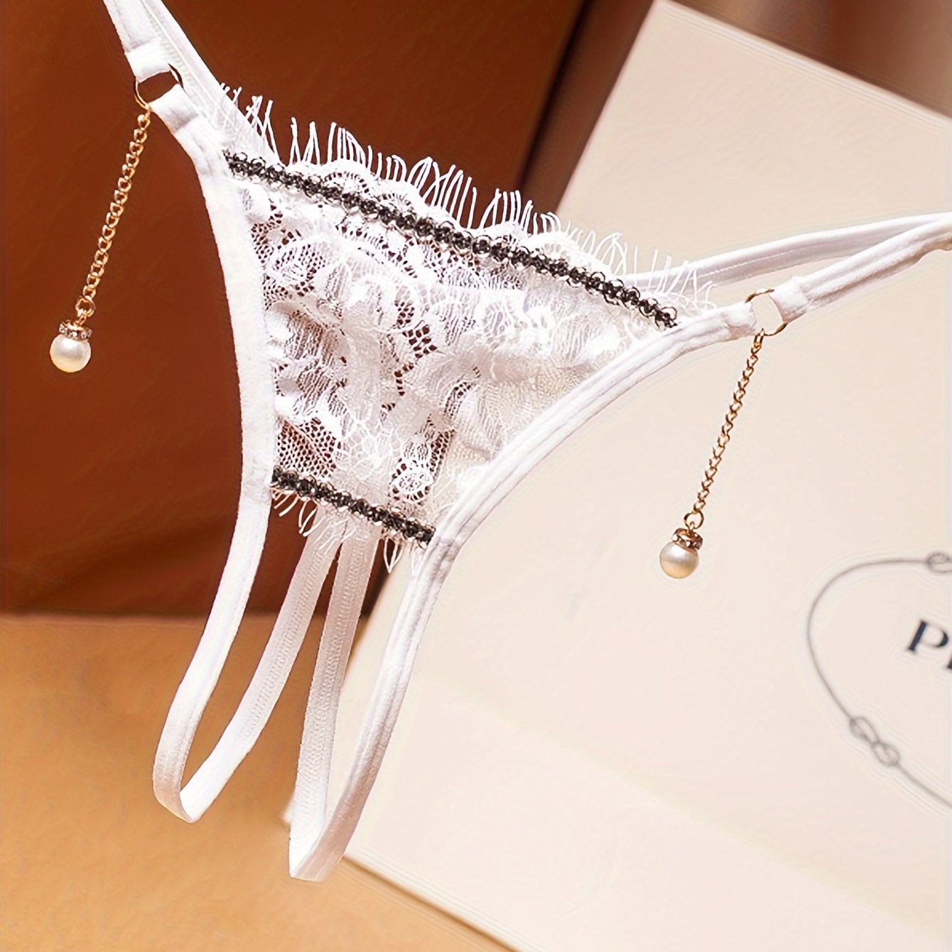 Women's Floral Lace Thong with Pearl Pendant Open Crotch Low Waist Lingerie