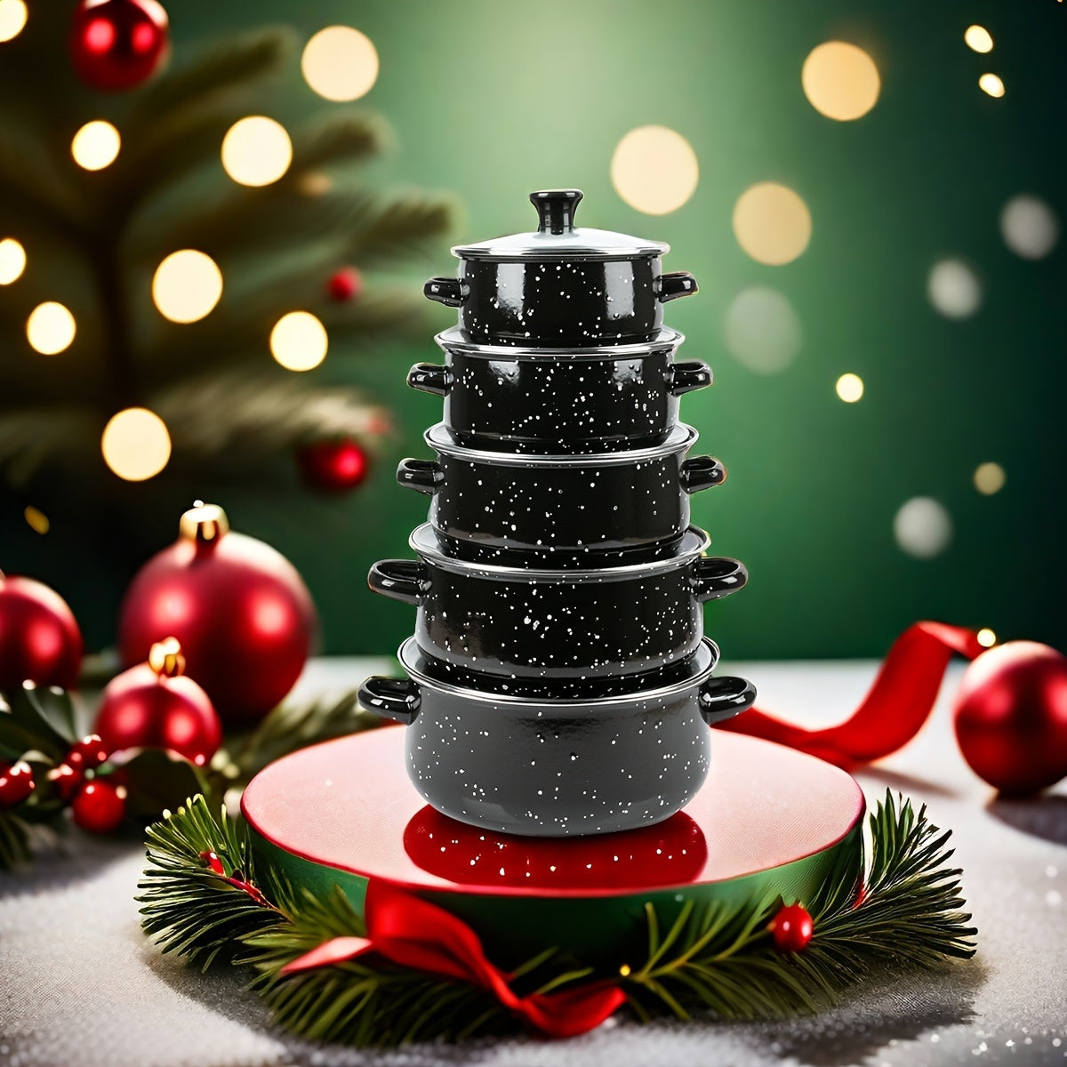 Набор из 5 эмалированных кухонных принадлежностей для Рождества - легкие, портативные и универсальные кастрюли для супов, рагу и многого другого - подходят для газовых и электрических плит - идеальны для домашних кухонь и ресторанов