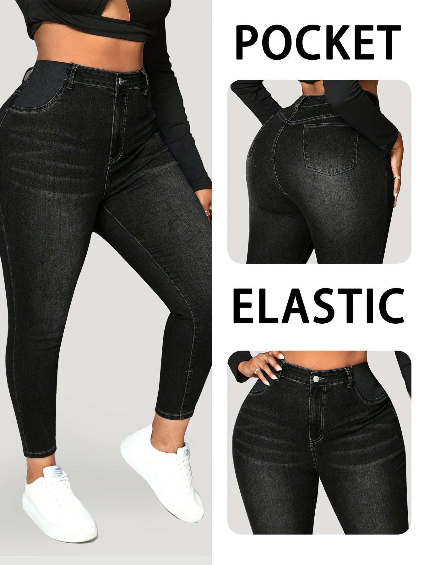 Ayollar uchun skinny jinsilar qora denim o'rta balandlik, tor fit, kundalik, barcha mavsum uchun