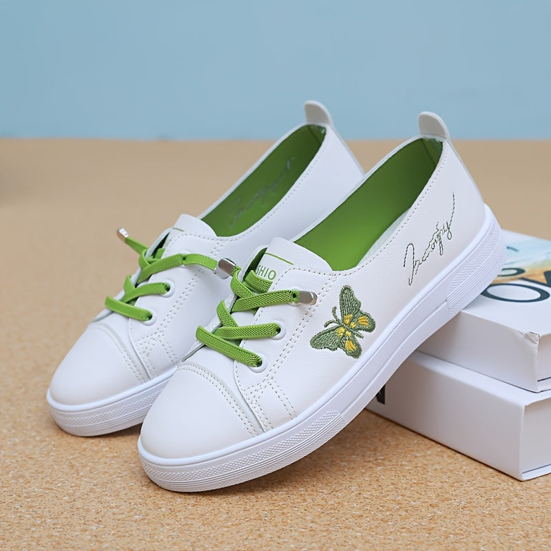 Women's Butterfly Embroidered Casual Sneakers White Lightweight Low Tops
