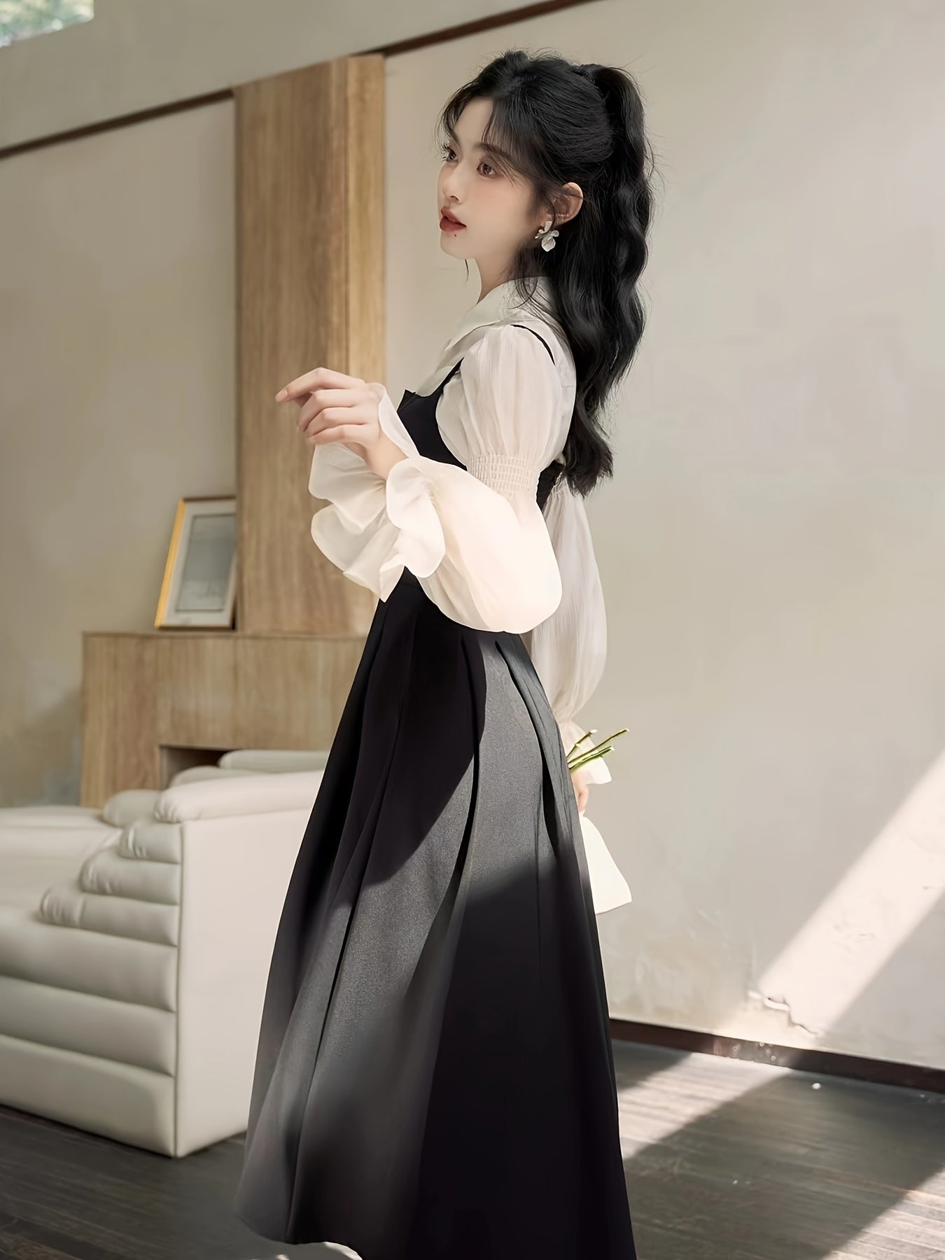 Women's Bubble Sleeve Dress Polyester Solid Color Elegant Flared Spring Summer Fall