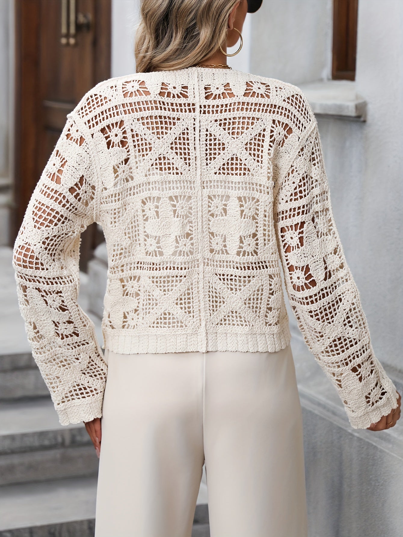 Женский кружевной кардиган с V-образным вырезом, полупрозрачный, с длинными рукавами, пляжная накидка