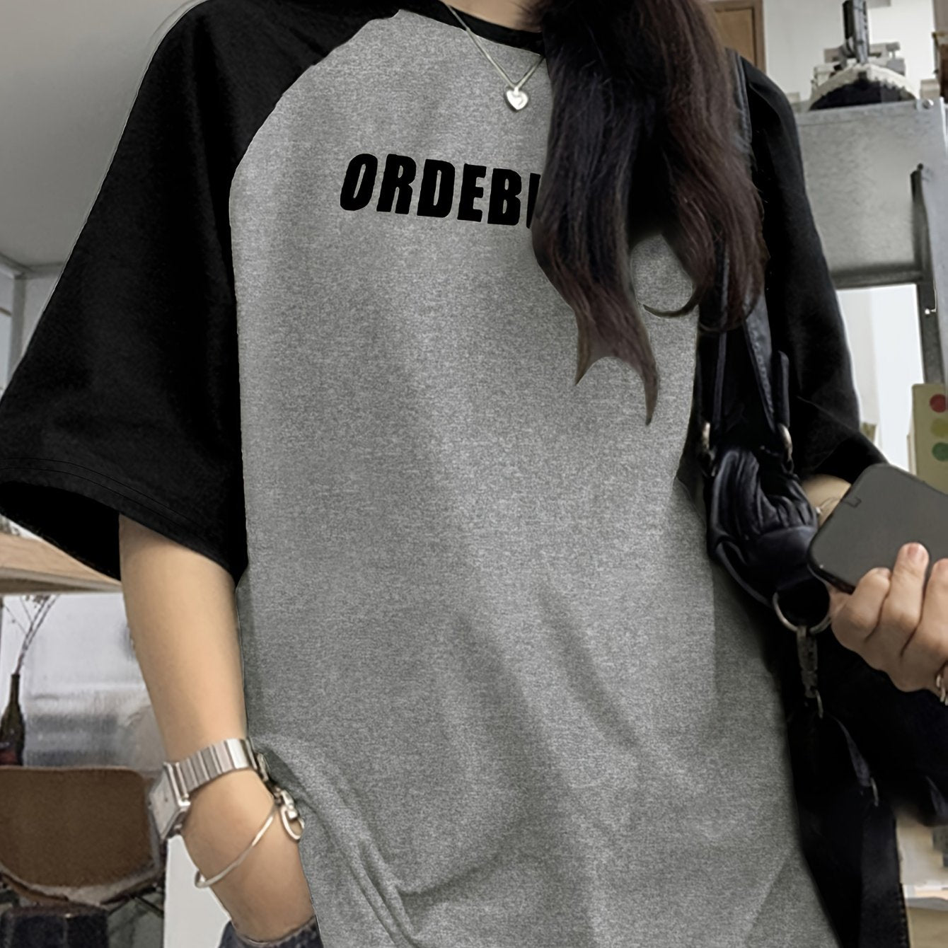 Women's Casual Raglan Sleeve Color Block T-Shirt with Letter Print for Spring Summer