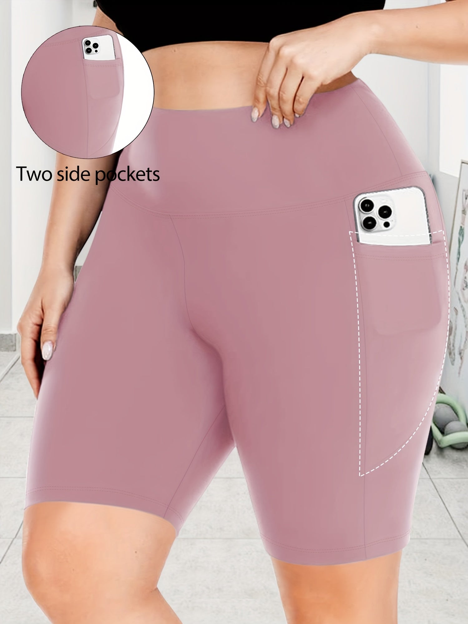 Women Plus Size Biker Shorts High Waist Crescent Moon Pockets Breathable