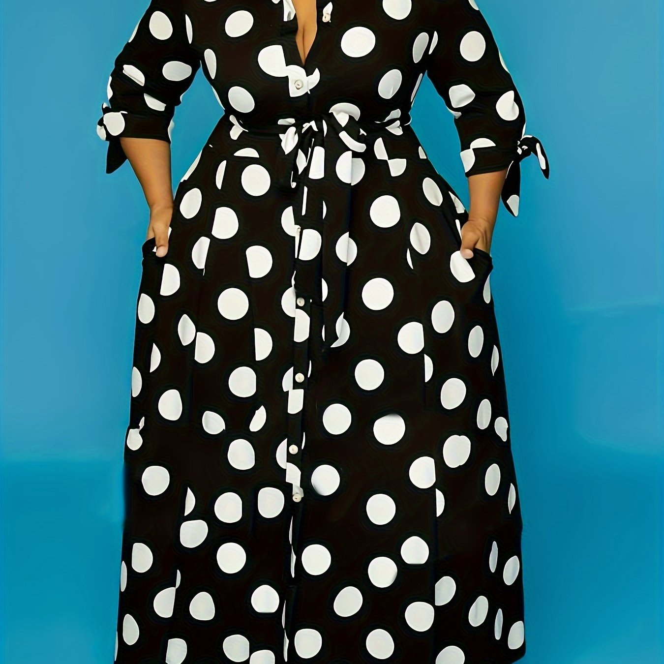 Plus Size Women's Polka Dot Maxi Dress with Collared Button Front and Belt