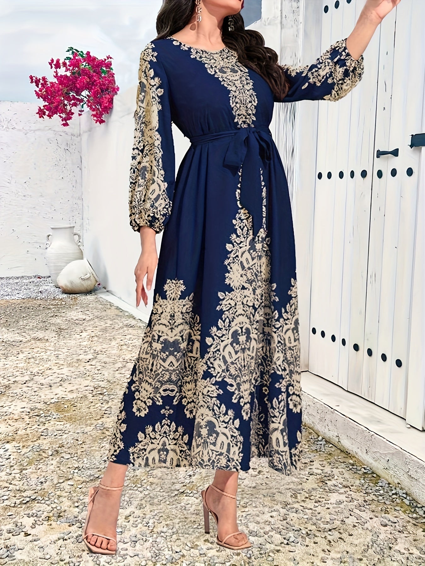 Vintage Graphic Print Belted Dress with Crew Neck and Lantern Sleeves for Spring Fall