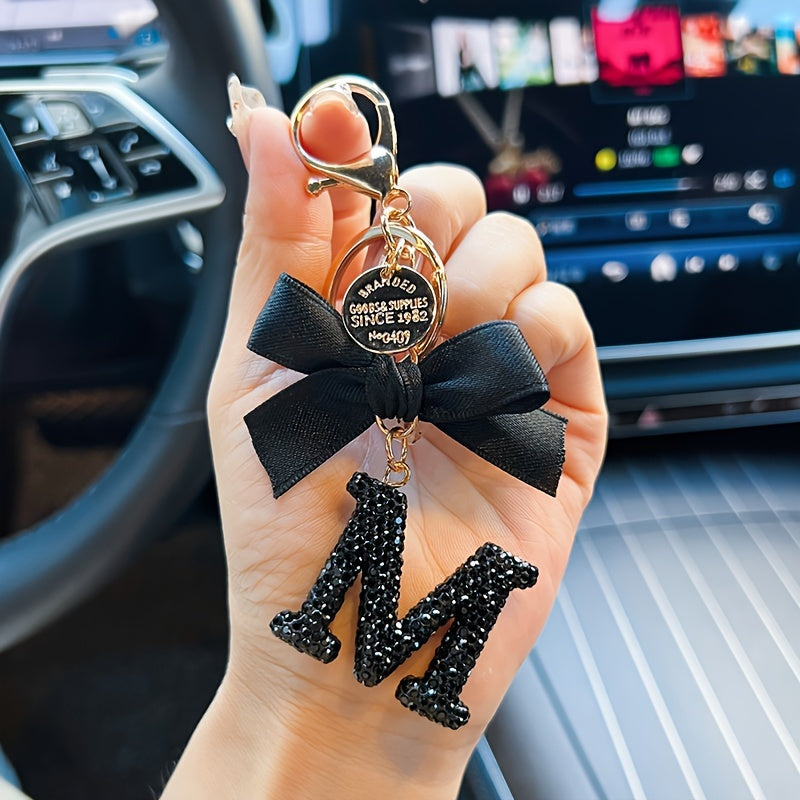 Black Bow and Rhinestone Alphabet Keychain Alloy Cartoon Charm for Bags and Cars