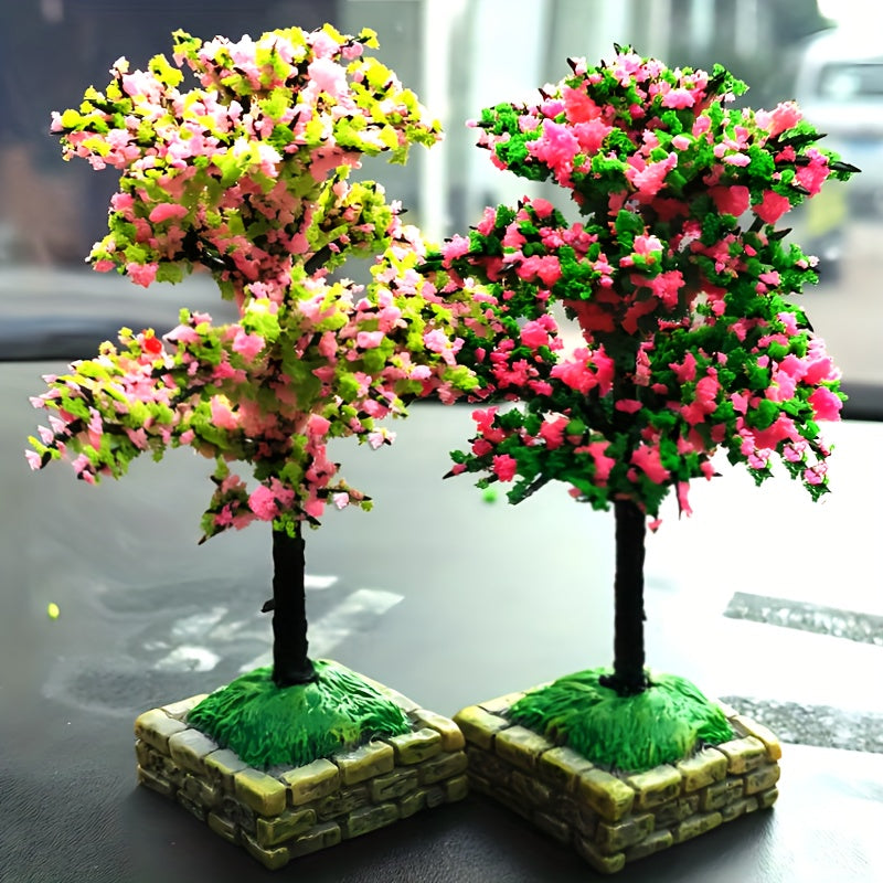 2Pcs Mini Artificial Flower Trees Car Dashboard Decorations Plastic Stone Base