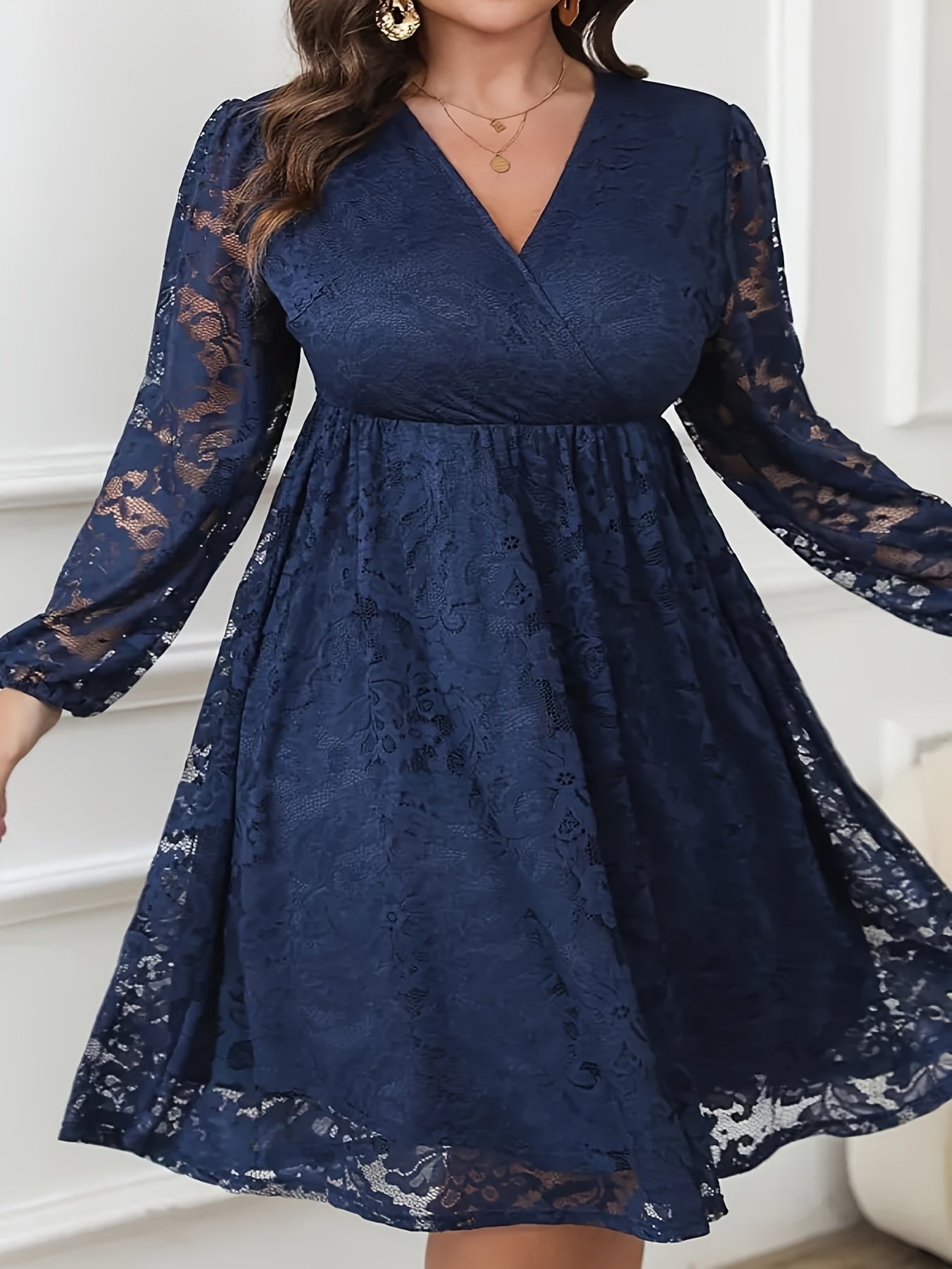 Plus Size Women's V-Neck Lace A-Line Dress Navy Blue Midi Fit and Flare