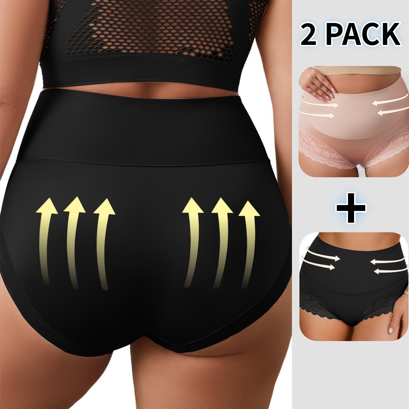 Plus Size High Waist Tummy Control Panties 2-Pack Breathable Lace Underwear