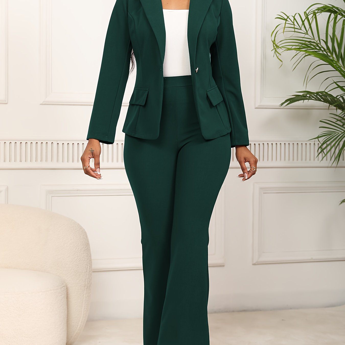 Conjunto de blazer elegante de manga larga y pantalones rectos para mujer, mezcla de poliéster, lavable a máquina