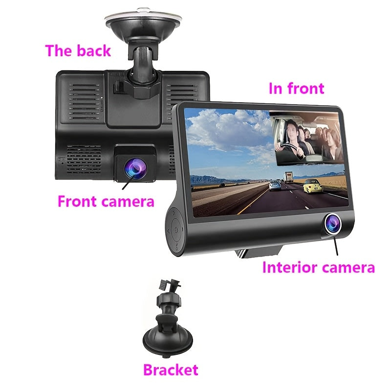 Dual Dash Cam with Front and Rear HD Night Vision 720p Interior Camera Suction Mount