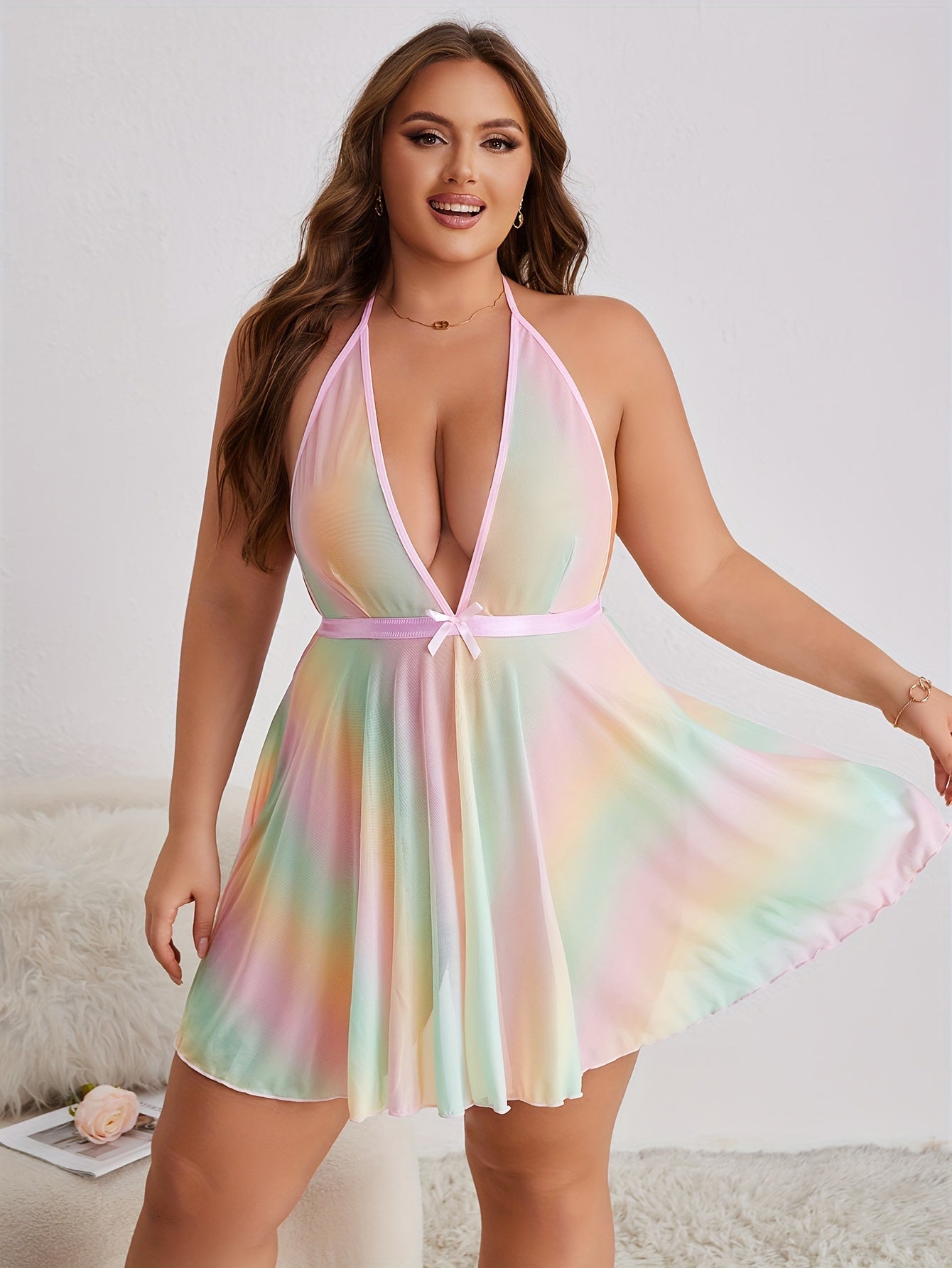 Plus Size Women’s Mesh Lingerie Dress Set Deep V Backless Babydoll Two Piece
