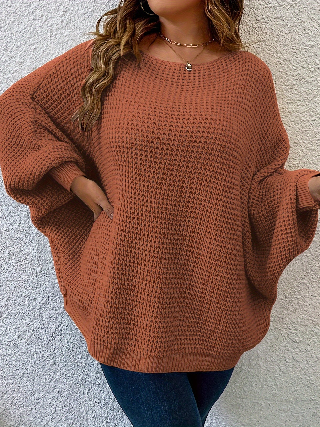 Women's Plus Size Solid Color Knit Sweater with Batwing Sleeves and Crew Neck