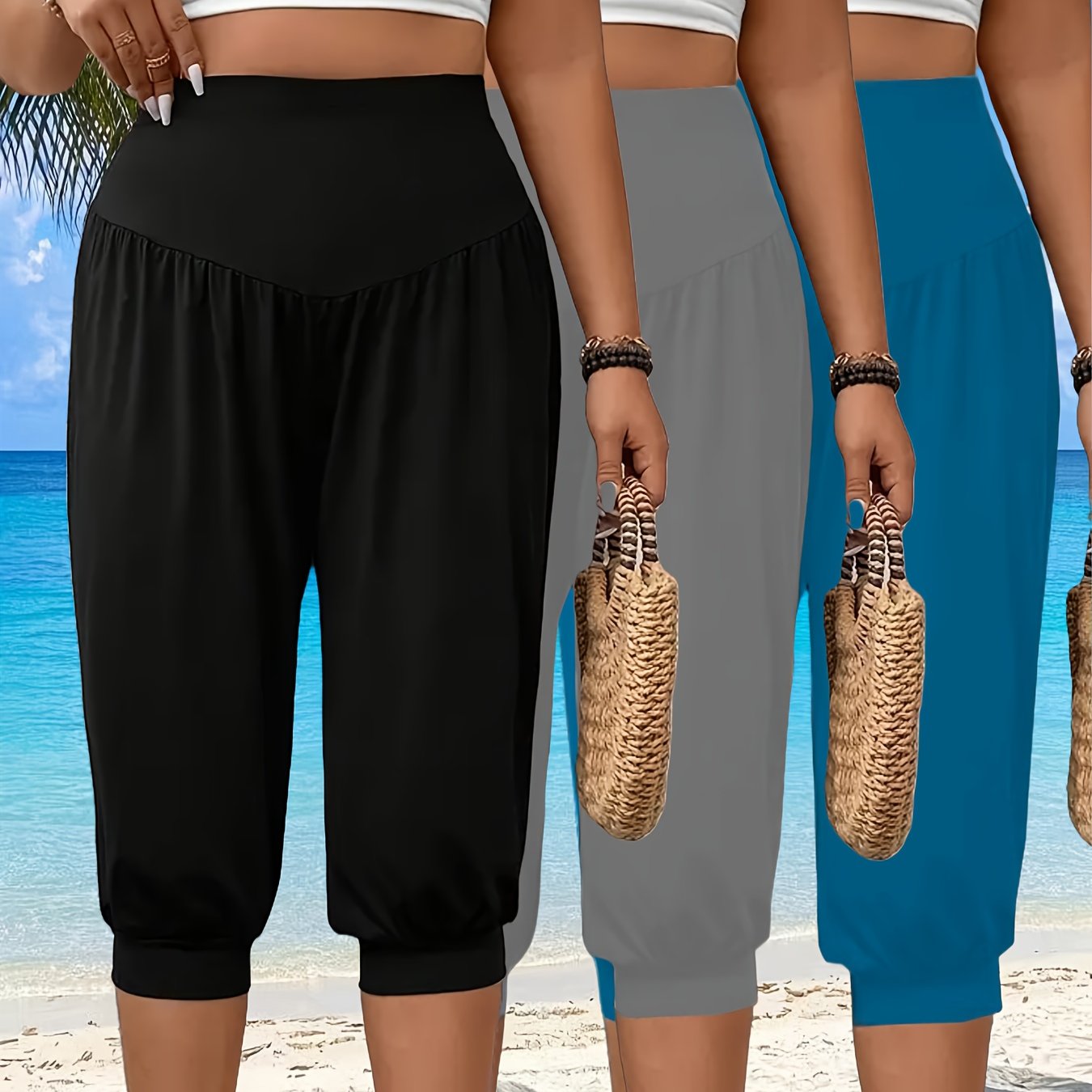 Plus Size Women's High-Waisted Loose Fit Capri Leggings Summer Breathable Pants