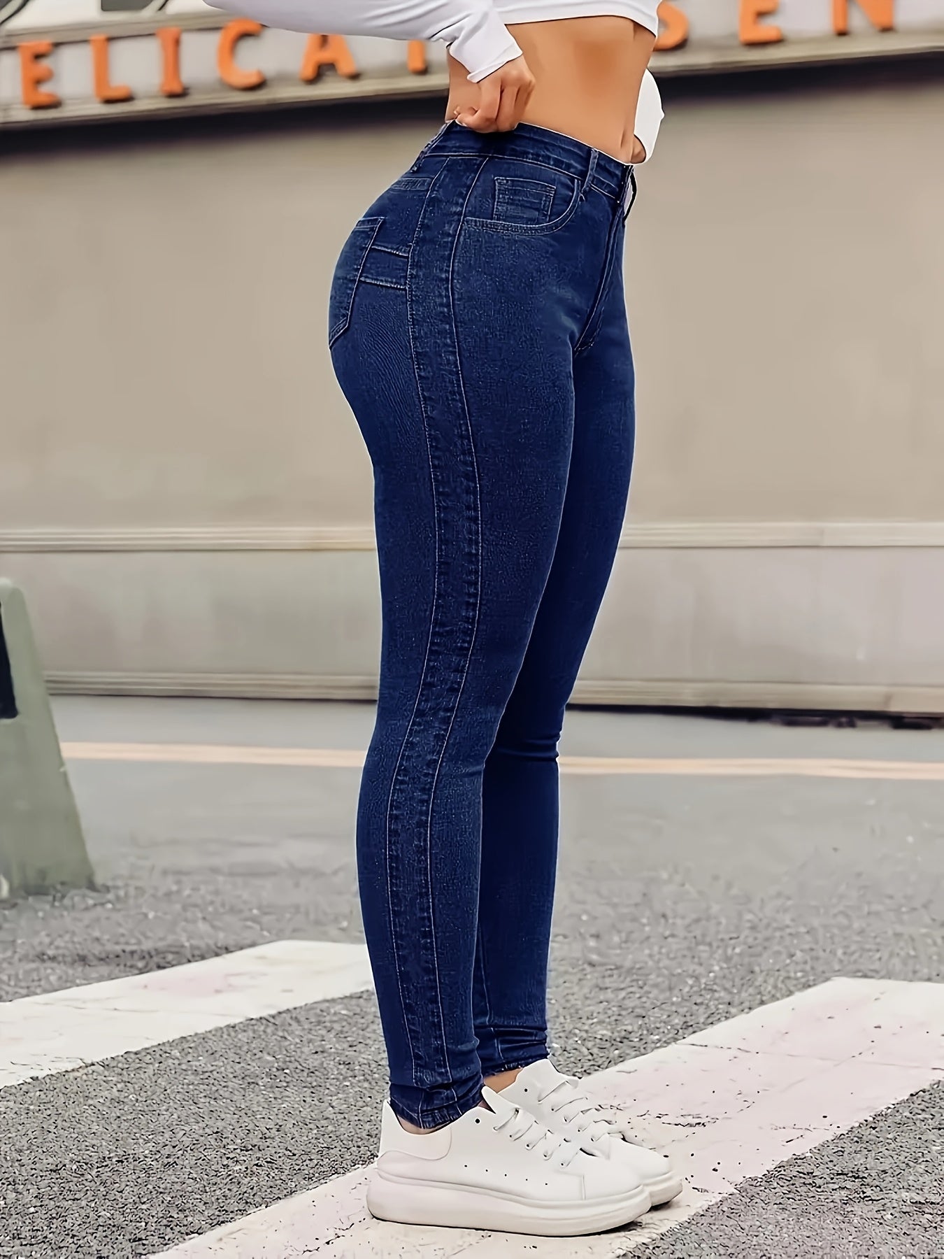 Jeans ajustados elásticos de talla grande para mujer, color sólido, pantalones casuales