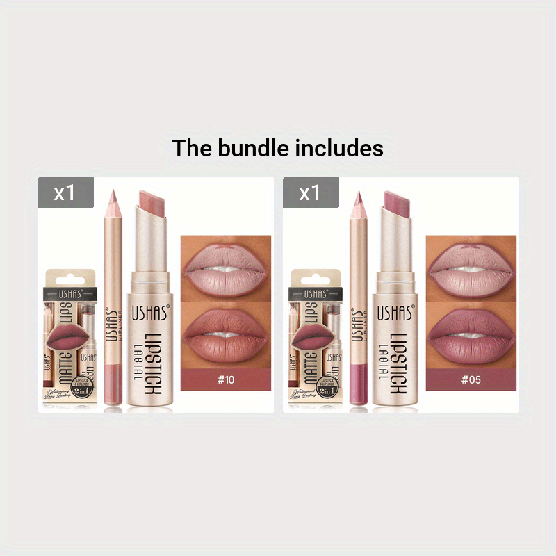 Set de lápiz labial mate y perfilador de labios para mujer, a prueba de agua, tono nude, con alto pigmento