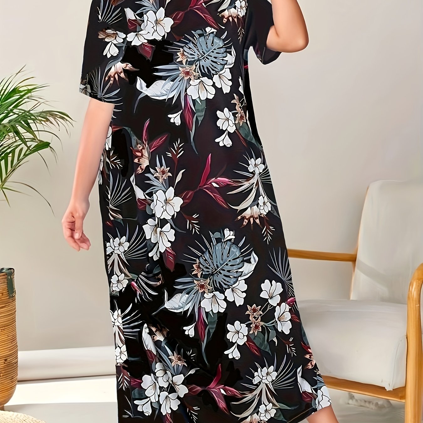 Plus Size Floral Nightgown Polyester Spandex Sleepshirt All-Season Comfortable
