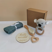 Baby Gift Set with Bamboo Towel Goat Hair Brush and Beechwood Koala Rattle