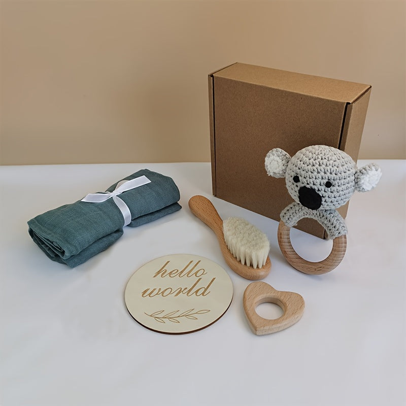 Baby Gift Set with Bamboo Towel Goat Hair Brush and Beechwood Koala Rattle