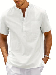 Men's Cotton Short Sleeve Shirt with Stand Collar and Pocket for Summer Beach Vacation